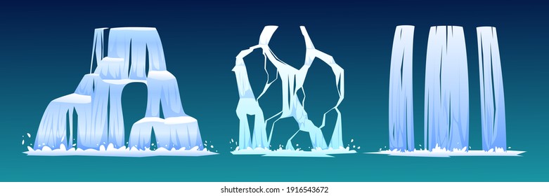 Set of waterfalls isolated on blue background. Vector nature fluid splash and drop. Falling river water or mountain fall, cascade aqua stream. Nature and flow landscape. Realistic hill fountain scene.