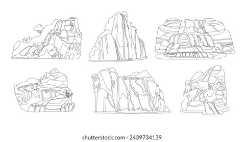 Set of Waterfalls And Water Cascades With Foliage And Rocks Isolated Vector Monochrome Outline Icons. Rocky Hills