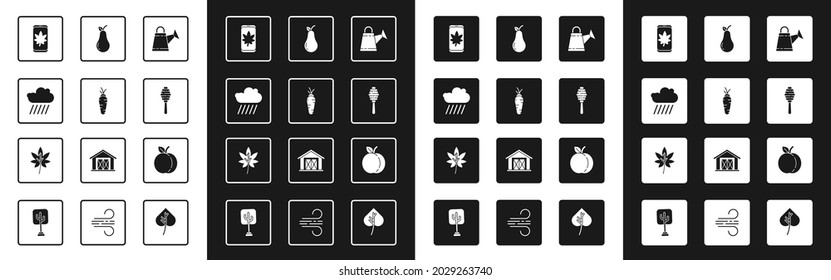 Set Watering Can, Carrot, Cloud With Rain, Leaf On Mobile Phone, Honey Dipper Stick, Pear, Peach Fruit And Or Leaves Icon. Vector