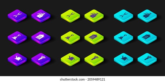 Set Watering can, Carrot, Shovel the ground, Farm house, Garden sprayer for fertilizer and Gardening handmade scissors icon. Vector
