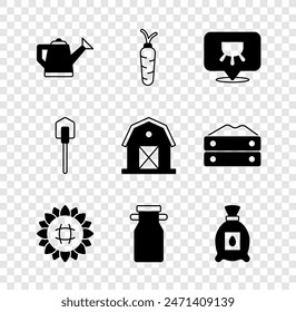 Set Watering can, Carrot, Udder, Sunflower, Can container for milk, Pack full of seeds of plant, Shovel and Farm house icon. Vector