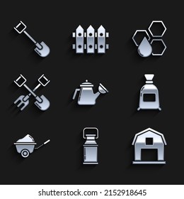 Set Watering can, Can container for milk, Farm House concept, Bag of flour, Wheelbarrow with dirt, Shovel and rake, Honeycomb and  icon. Vector