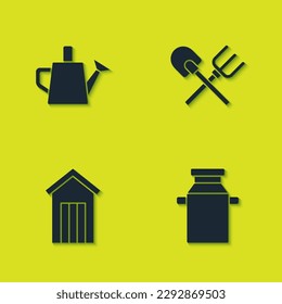 Set Wasserkocher, Dose Behälter für Milch, Holz Außentoilette und Schaufel und Rake Ikone. Vektorgrafik