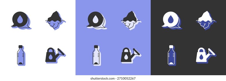 Set Watering can, drop with speech bubbles, Bottle of water and Iceberg icon. Vector