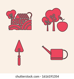 Set Watering can, Farm House concept, Tree with apple and Garden trowel spade or shovel icon. Vector