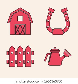 Set Watering can, Farm House concept, Horseshoe and Garden fence wooden icon. Vector