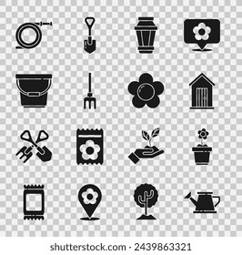 Set Watering can, Flower pot, Farm house, Garden light lamp, rake, Bucket, hose or fire hose and  icon. Vector