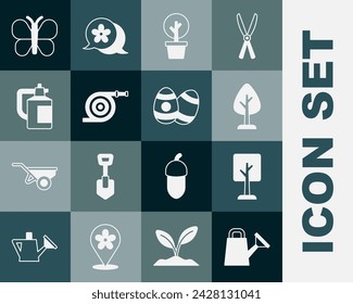 Set Watering can, Forest, Garden hose, sprayer for fertilizer, Butterfly and Easter egg icon. Vector