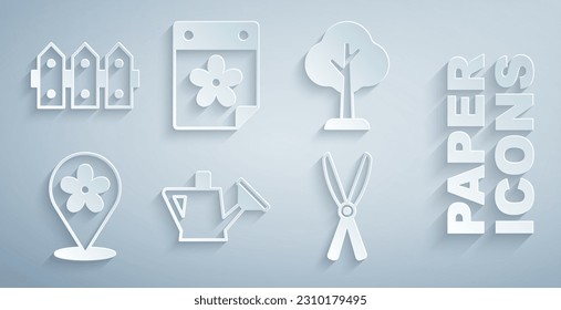 Set Watering can, Forest, Location with flower, Gardening tijeras hechas a mano, Calendar and fence (La lata de agua) e icono de madera. Vector