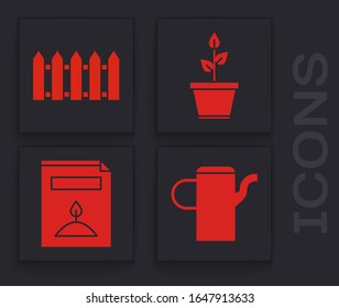 Set Watering can, Garden fence wooden, Plant in pot and A pack full of seeds of a specific plant icon. Vector