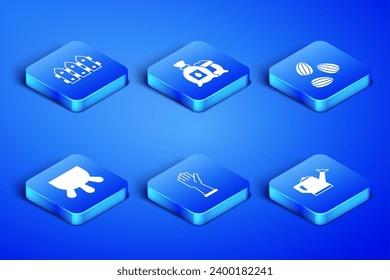 Set Watering can, Garden fence wooden, Rubber gloves, Udder, Pack full of seeds of plant and Seeds icon. Vector