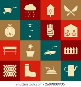 Set Watering can, Garden fence wooden, Home greenhouse and plants, Retro wall watch, Grass weed electric string trimmer, Ladybug, Wheelbarrow and gloves icon. Vector