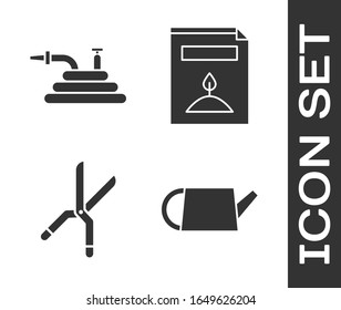 Set Watering can, Garden hose or fire hose, Gardening handmade scissors and A pack full of seeds of a specific plant icon. Vector