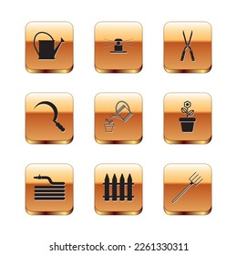 Set Watering can, Garden hose or fire hose, fence, Sickle, Gardening handmade scissor, pitchfork and Automatic irrigation sprinklers icon. Vector
