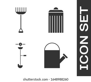 Set Watering Can, Garden Rake, Grass And Weed Electric String Trimmer And Trash Can Icon. Vector