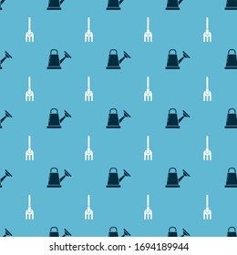 Set Watering can and Garden rake on seamless pattern. Vector