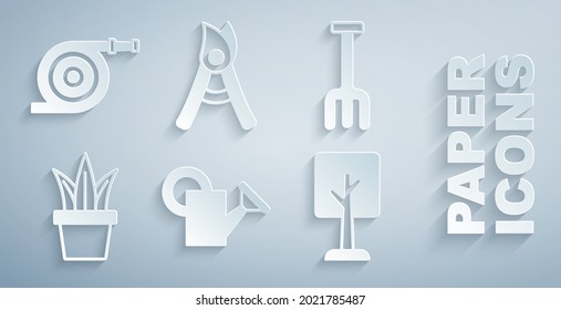 Set Watering can, Garden rake, Plant pot, Forest, Gardening handmade scissors and hose icon. Vector