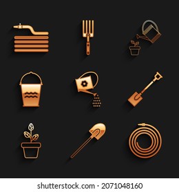 Set Watering can, Garden shovel, hose or fire hose, Flowers pot, Bucket,  and  icon. Vector