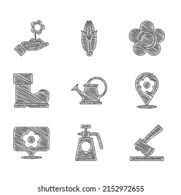 Set Watering can, Garden sprayer for fertilizer, Wooden axe, Location with flower, Waterproof rubber boot, Flower and Hand holding icon. Vector