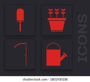 Set Watering can, Garden trowel spade or shovel, Plants in pot and Scythe icon. Vector