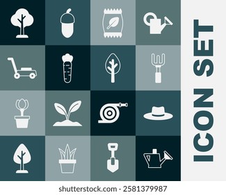 Set Watering can, Gardener worker hat, rake, Fertilizer bag, Carrot, Lawn mower, Forest and  icon. Vector