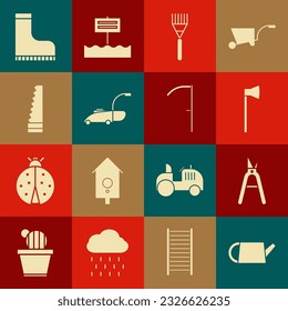 Set Watering can, Gardening handmade scissors, Wooden axe, rake, Lawn mower, saw, Waterproof rubber boot and Scythe icon. Vector