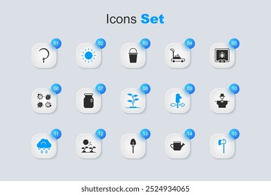 Set Watering can, Glass jar with screw-cap, Sun, Cloud rain, Wooden axe, Scarecrow, Sickle and Sprout icon. Vector