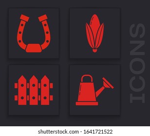 Set Watering can, Horseshoe, Corn and Garden fence wooden icon. Vector
