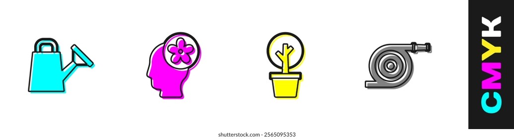 Set Watering can, Human head with flower inside, Forest and Garden hose icon. Vector