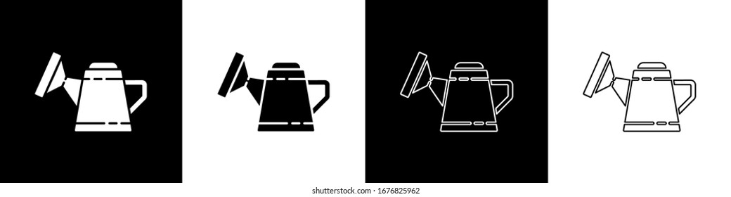 Set Watering can icon isolated on black and white background. Irrigation symbol.  Vector Illustration