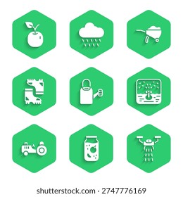 Set Watering can, Jam jar, Smart farm with drone, Automatic irrigation sprinklers, Tractor, Waterproof rubber boot, Wheelbarrow dirt and Apple icon. Vector