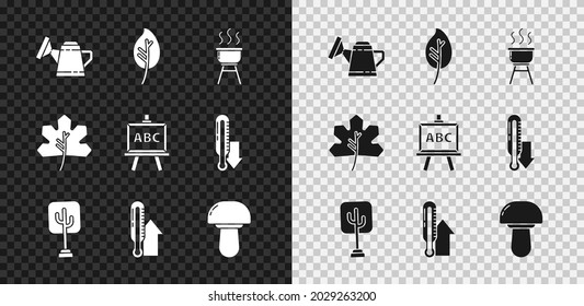 Set Watering can, Leaf or leaves, Barbecue grill, Tree, Meteorology thermometer, Mushroom,  and Chalkboard icon. Vector