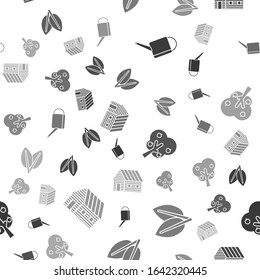 Set Watering can, Leafs, Tree with apple and Farm house on seamless pattern. Vector