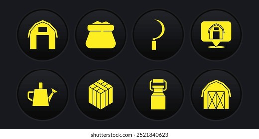 Set Watering can, Location farm house, Bale of hay, Can container for milk, Sickle, Full sack, Farm and  icon. Vector