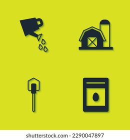 Set Watering can, Pack full of seeds of plant, Shovel and Farm house icon. Vector