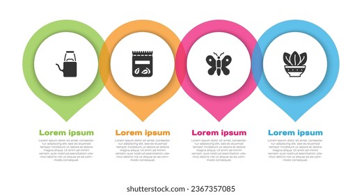 Set Watering can, Pack full of seeds of plant, Butterfly and Plant pot. Business infographic template. Vector
