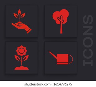 Set Watering can, Plant in hand of environmental protection, Tree and Flower icon. Vector