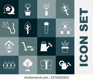 Set Watering can, Plant pot, Mushroom, Garden rake, Forest, Kite, Flower and Carrot icon. Vector