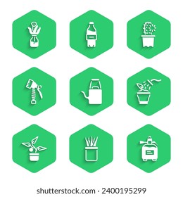 Set Watering can, Plant pot, Garden sprayer for fertilizer, Spraying plant, bottle, Cactus peyote and Flower glass icon. Vector