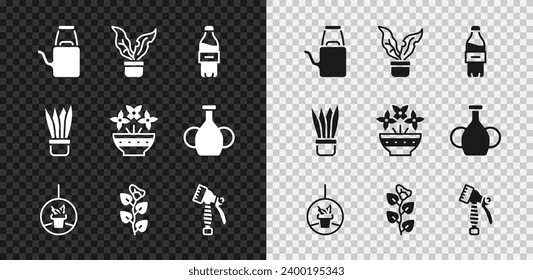 Set Watering can, Plant pot, Bottle of water, hanging, Ivy branch, spray bottle,  and Flower vase icon. Vector