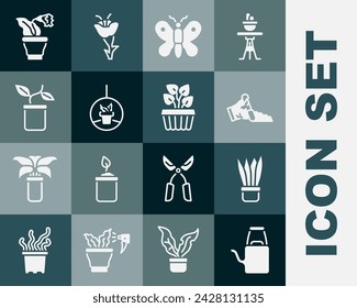 Set Regadera, Maceta de planta, Roto, Mariposa, colgante, Flor e Icono de hiedra de planta interior. Vector