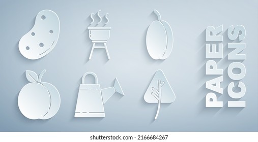 Set Watering can, Plum fruit, Peach, Leaf or leaves, Barbecue grill and Potato icon. Vector