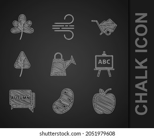 Set Watering Can, Potato, Apple, Chalkboard, Speech Bubble With Text Autumn, Leaf Or Leaves, Wheelbarrow Dirt And  Icon. Vector