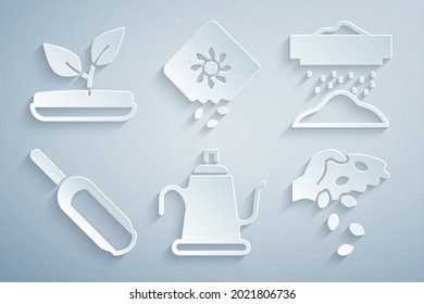 Set Wasserdose, Sifting Mehl, Scoop, Saatgut, Packung voller Samen von Pflanzen und Sprout Ikone. Vektorgrafik