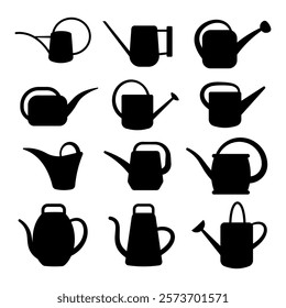 Set of Watering Can Silhouettes Vector Illustration. This image showcases a collection of twelve unique silhouettes of watering cans. Each watering can features a distinct design.