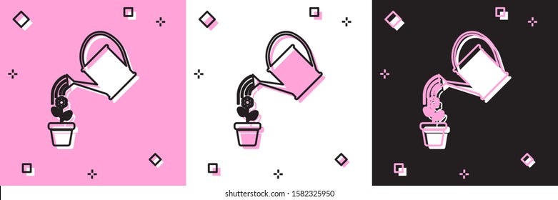 Set Watering can sprays water drops above flower in pot icon isolated on pink and white, black background. Irrigation symbol.  Vector Illustration
