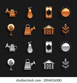 Set Watering can, Sun, Leaf or leaves, Farm house, Tree, on mobile phone,  and Pear icon. Vector