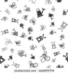 Set Watering can, Tractor, Windmill and Watering can on seamless pattern. Vector