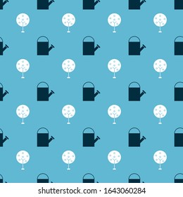 Set Watering can and Tree on seamless pattern. Vector