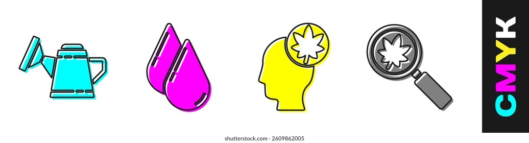 Set Watering can, Water drop, Human head with leaf and Magnifying glass with leaf icon. Vector